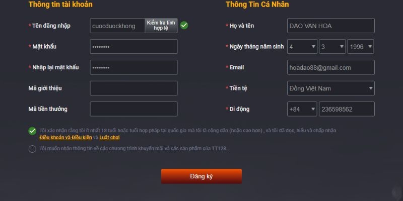 Đăng ký TT128 - Trải nghiệm kho trò chơi đặc sắc tại nhà cái 2 Xác Nhận Đăng Ký Tài Khoản Khi Thông Tin Cung Cấp Đã Chính Xác